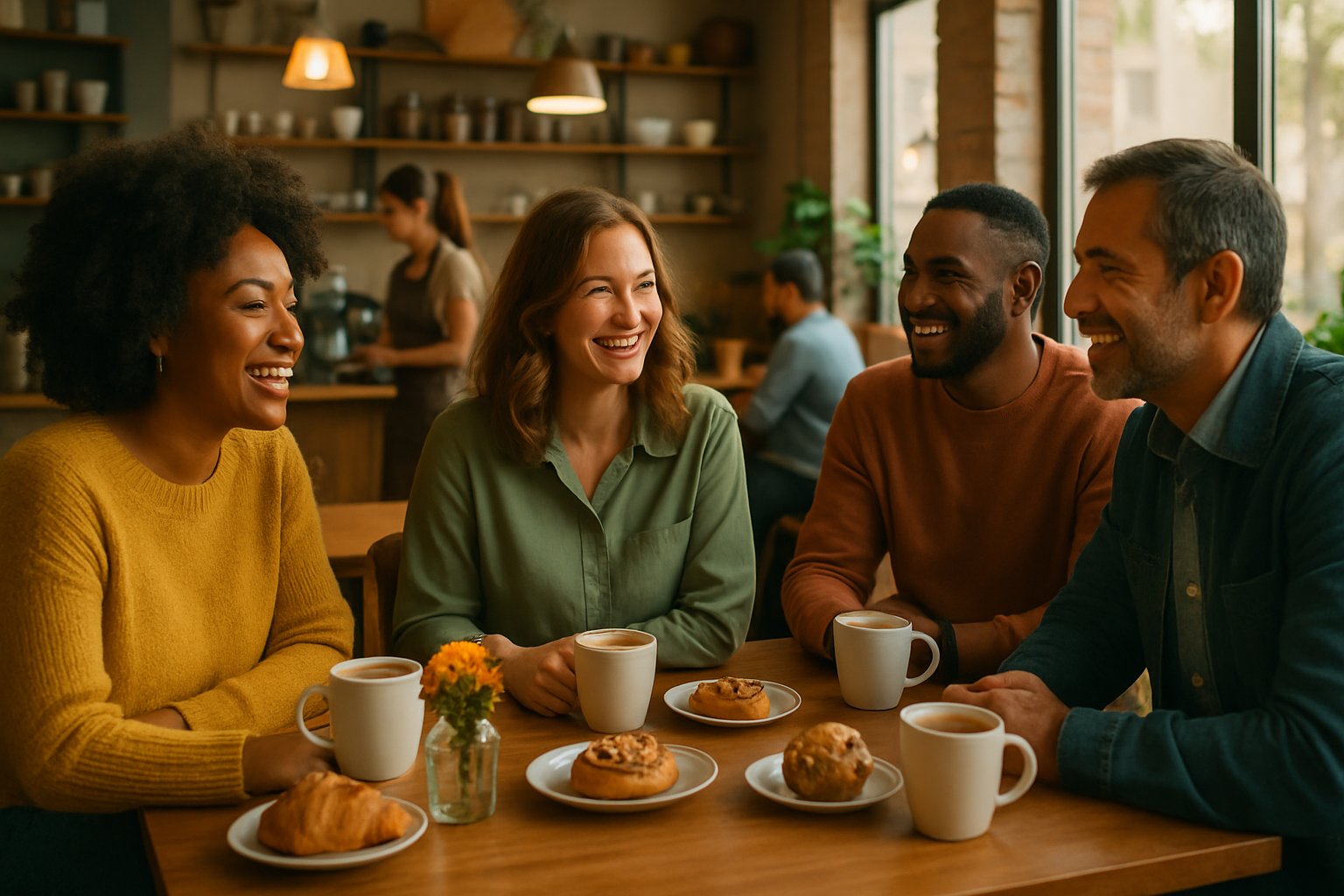 Menschen sitzen in einem Café, unterhalten sich und genießen Kaffee und Gebäck an gemütlichen Tischen.