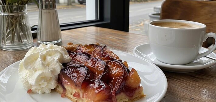 Stück Zwetschgendatschi mit Sahne und eine Tasse Kaffee auf einem Cafétisch am Fenster im Herbst